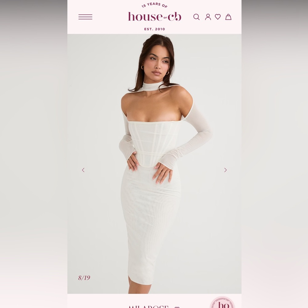 NWT XS House of CB Milarose White Mesh Corset Midi Off-Shoulder Bodycon Dress